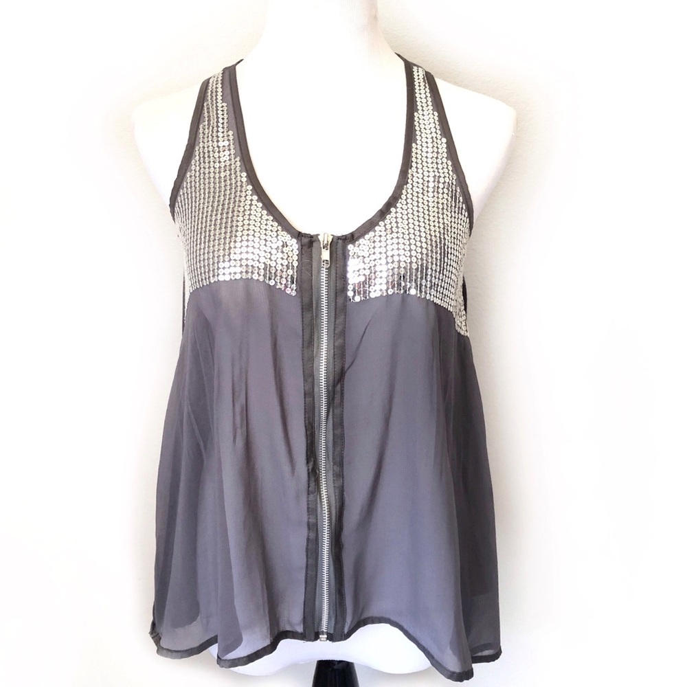 AMERICAN RAG CIE SHEER SLEEVELESS SEQUIN SHELL TANK TOP BLOUSE Gray Sparkle Zi…